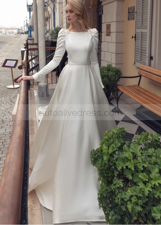Long Sleeve Boat Neck Ivory Satin Wedding Dress